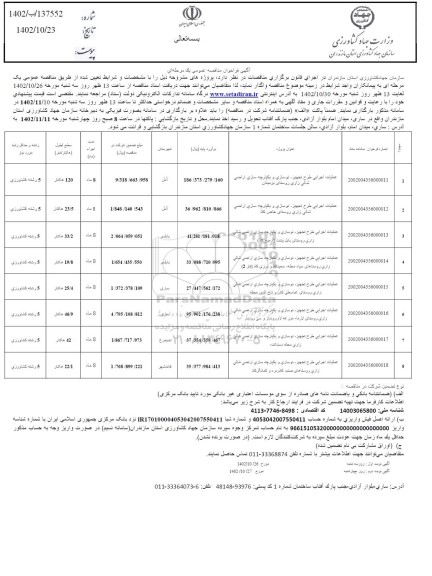 مناقصه عملیات اجرایی طرح تجیز،نوسازی و یکپارچه سازی اراضی شالیزاری....