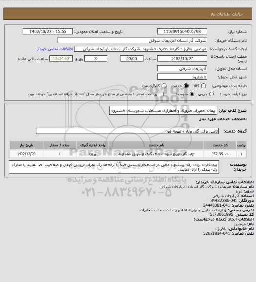 استعلام پیمان تعمیرات ضروری و اضطراری مستغلات شهرستان هشترود