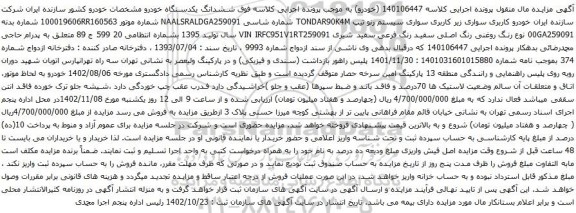 آگهی مزایده  سواری سیستم رنو تیپ TONDAR90K4M