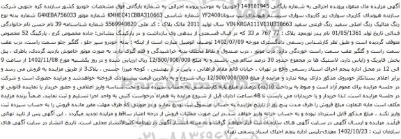 آگهی مزایده سواری سیستم هیوندای تیپ سوناتاYF2400