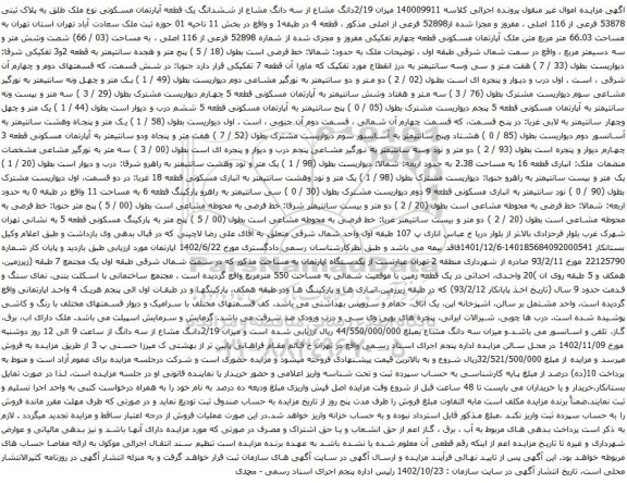 آگهی مزایده میزان 2/19دانگ مشاع از سه دانگ مشاع از ششدانگ یک قطعه آپارتمان مسکونی نوع ملک طلق به پلاک ثبتی 53878 فرعی از 116 اصلی