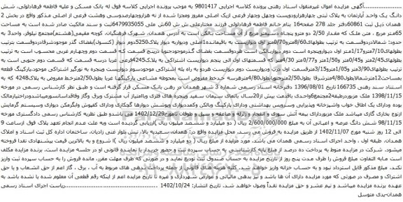 آگهی مزایده شش دانگ یک واحد آپارتمان به پلاک ثبتی چهارهزارودویست وچهل وچهار فرعی ازیک اصلی مفروز ومجزا شده از نه هزاروچهارصدوسی وهشت فرعی