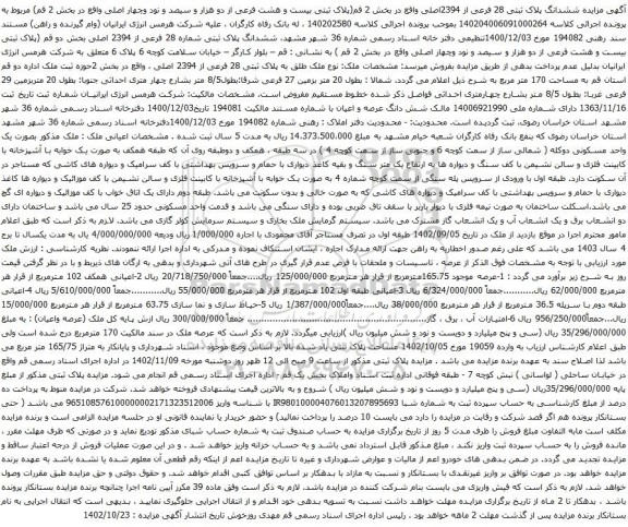 آگهی مزایده ششدانگ پلاک ثبتی 28 فرعی از 2394اصلی