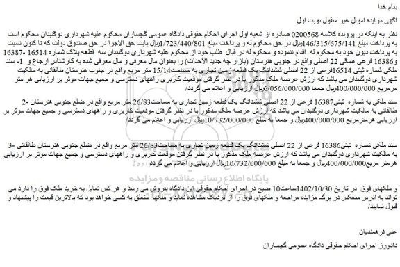 مزایده فروش سند ملکی به شماره ثبتی16387 فرعی از 22 اصلی ششدانگ یک قطعه زمین تجاری به مساحت26/83 متر مربع