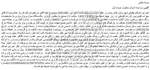 مزایده فروش یکدستگاه سواری پژو پارس 