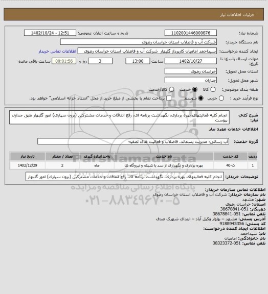 استعلام انجام کلیه فعالیتهای بهره برداری، نگهداشت برنامه ای، رفع اتفاقات و خدمات مشترکین (برون سپاری) امور گلبهار  طبق جداول پیوست