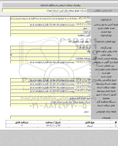 مناقصه, خرید انواع کابل پرتودور