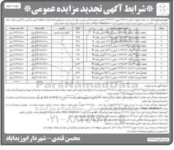 تجدید مزایده فروش تعداد 11 پلاک قطعه زمین با کاربری کارگاهی - نوبت دوم 