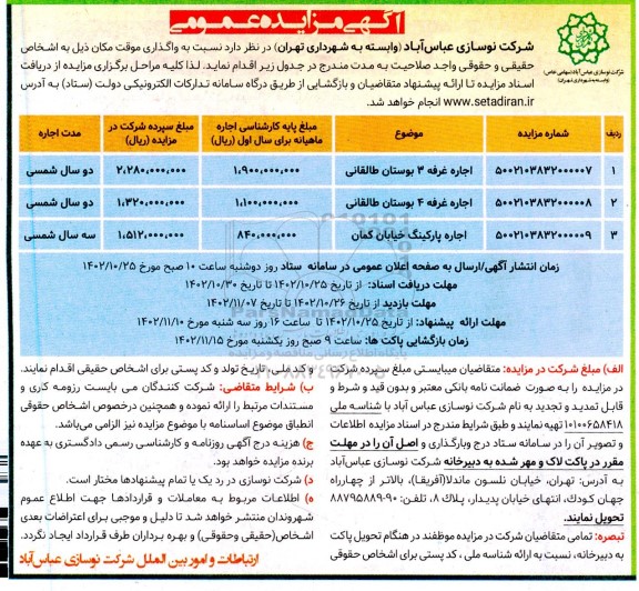 مزایده عمومی واگذاری موقت مکان