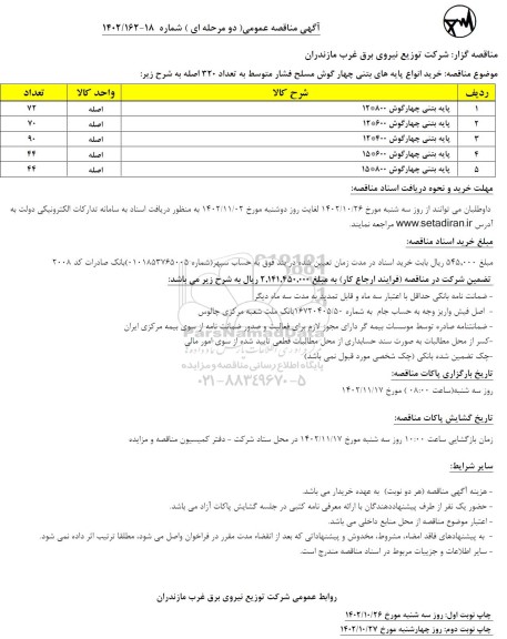 مناقصه خرید انواع پایه بتنی چهارگوش مسلح فشار متوسط