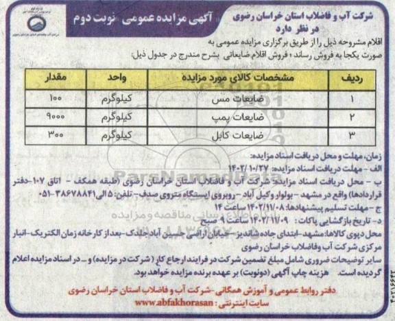 مزایده عمومی فروش ضایعات مس ...- نوبت دوم