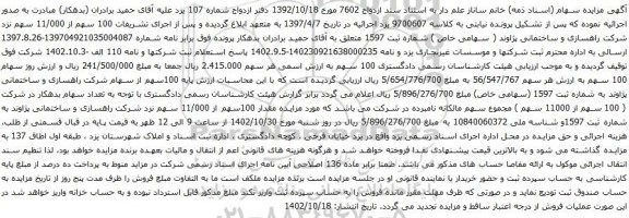 آگهی مزایده 100 سهم از 11/000 سهم نزد شرکت راهسازی و ساختمانی