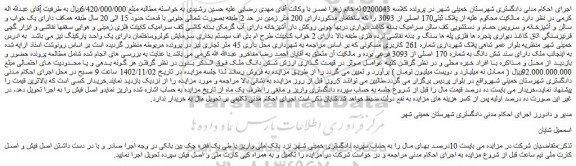 مزایده فروش شش دانگ ملک 