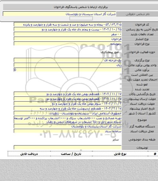 مناقصه, تهیه مصالح و نصب ۵۰۰۰انشعاب سری و ۱۰۰۰انشعاب پراکنده و ۳۰۰۰متر توسعه شبکه شهر زابل و ۲۵۰ انشعاب در شهرهای ادیمی و زهک