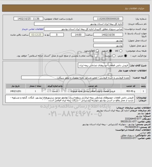 استعلام فروش داغی قطعات خودروهای تصادفی بیمه ایران