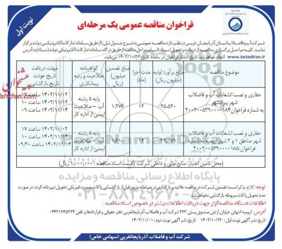 مناقصه حفاری و نصب انشعابات آب و فاضلاب شهر