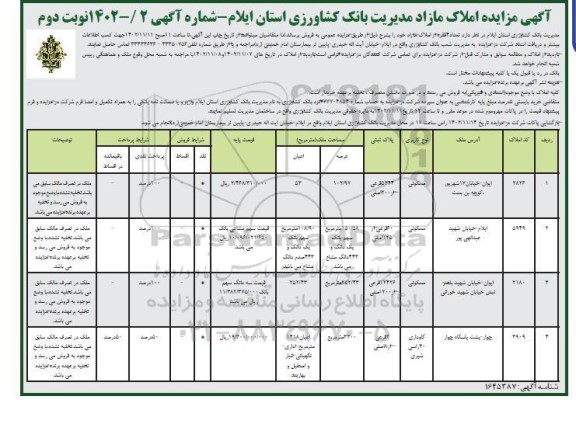 مزایده فروش چهار فقره از املاک مازاد