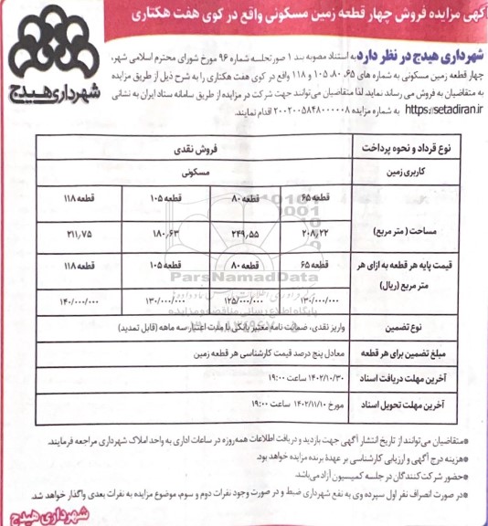 مزایده فروش چهار قطعه زمین مسکونی