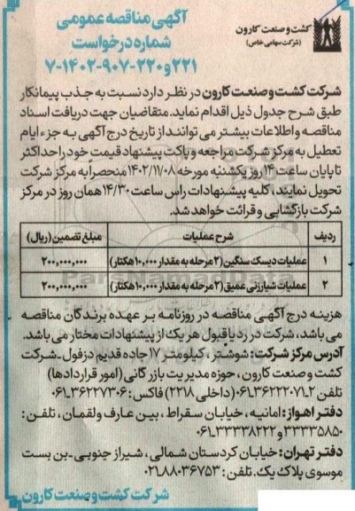 مناقصه عملیات دیسک سنگین (2 مرحله به مقدار 10.000 هکتار)...