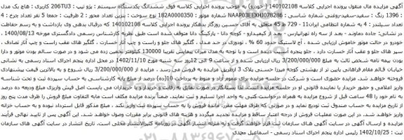 آگهی مزایده ششدانگ یکدستگاه سیستم : پژو تیپ : 206TU3 کاربری : هاچ بک