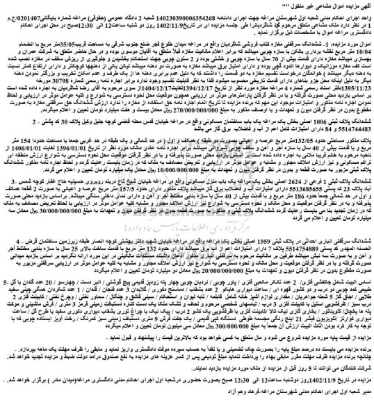 مزایده فروش 1- ششدانگ سرقفلی مغازه کتاب فروشی شاگردیان و...