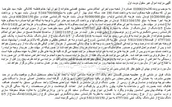 مزایده فروش  0/1418 دانگ مشاع  0/5 دانگ از  شش دانگ از  ملک  به شماره  پلاک  ثبتی 4757/161 