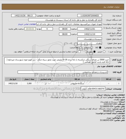 استعلام خرید 3500 تن مصالح سنگی شکسته با دانه بندی 19-0 میلیمتر جهت محور سیاه جنگل - سر کهنو حوزه شهرستان میرجاوه ( ارائه فرم بازدید الزامی میباشد )