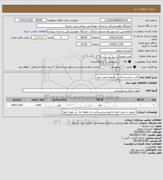 استعلام قند شکسته (کارتن 5کیلوی) هزار کیلو