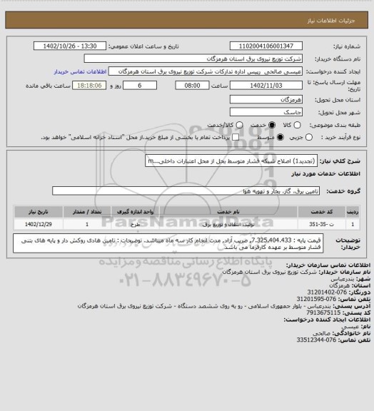 استعلام (تجدید1) اصلاح شبکه فشار متوسط بحل از محل اعتبارات داخلی...m