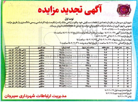 تجدید مزایده فروش 15 قطعه اراضی مسکونی