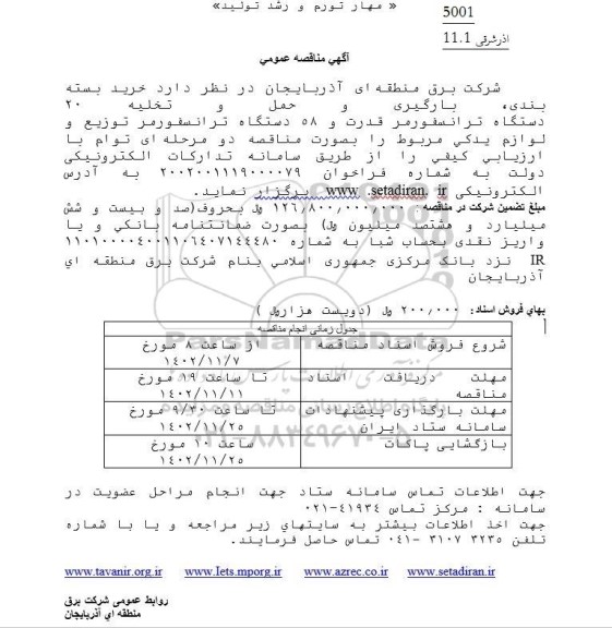مناقصه خرید، بسته بندی، بارگیری و حمل و تخلیه 20 دستگاه ترانسفورمر 