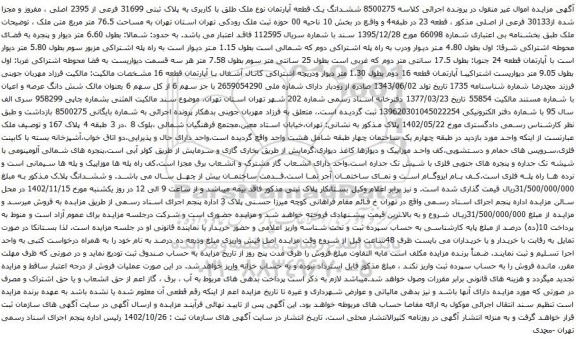آگهی مزایده ششدانگ یک قطعه آپارتمان نوع ملک طلق با کاربری به پلاک ثبتی 31699 فرعی از 2395 اصلی ، مفروز و مجزا شده از30133 فرعی از اصلی