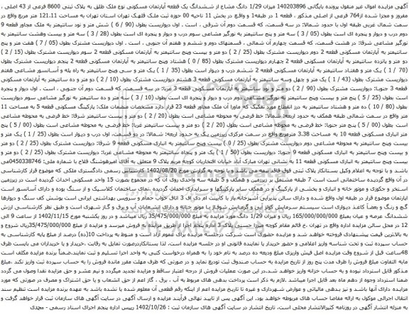 آگهی مزایده 1/29 دانگ مشاع از ششدانگ یک قطعه آپارتمان مسکونی نوع ملک طلق به پلاک ثبتی 8600 فرعی از 43 اصلی