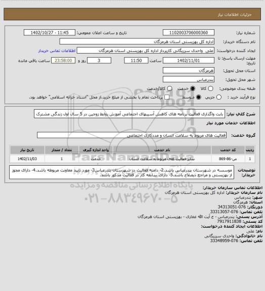 استعلام بابت واگذاری فعالیت برنامه های کاهش آسیبهای اجتماعی آموزش روابط زوجین در 5 سال اول زندگی مشترک