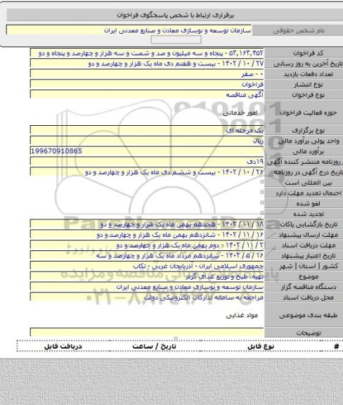 مناقصه, تهیه، طبخ و توزیع غذای گرم