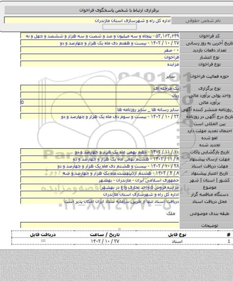مزایده, مزایده فروش ۵ واحد تجاری واع در بهشهر