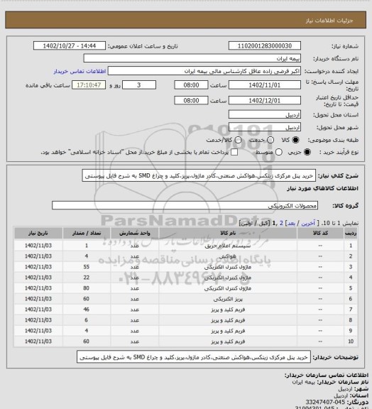 استعلام خرید پنل مرکزی زیتکس،هواکش صنعتی،کادر ماژول،پریز،کلید و چراغ SMD به شرح فایل پیوستی