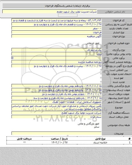 مناقصه, تأمین نیروی خدماتی و مشاوران مورد نیاز شرکت جهت تصدی امور مختلف براساس پراکندگی مطابق پیوست اسناد من