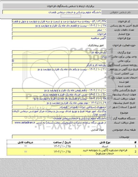 مناقصه, واگذاری امور تهیه، طبخ و توزیع غذای پرسنل و بیماران مرکز آموزشی درمانی اکباتان (تجدید اول)