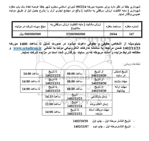 مازیده واگذاری یک باب مغازه 