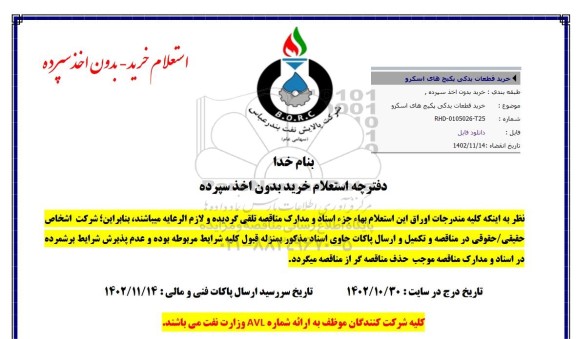 استعلام خرید قطعات یدکی پکیج های اسکرو