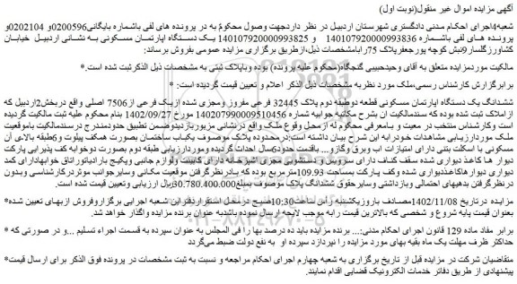 مزایده ششدانگ یک دستگاه اپارتمان مسکونی