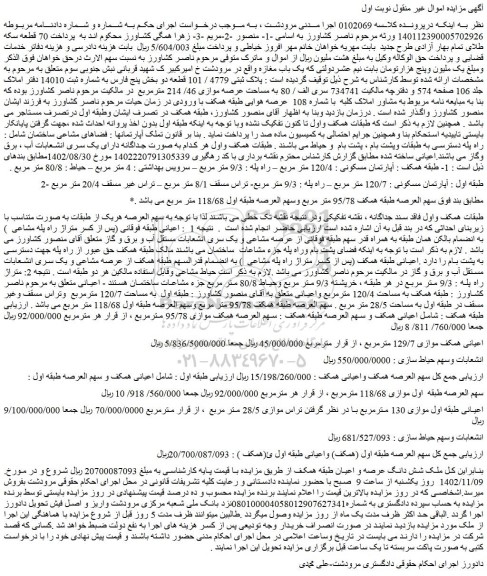 مزایده پلاک ثبتی 4779 / 101 قطعه دو بخش 