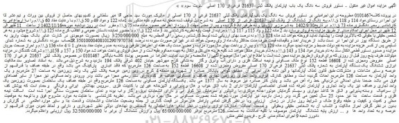 مزایده فروش سه دانگ یک باب اپارتمان پلاک ثبتی 21637 فرعی از 170 اصلی