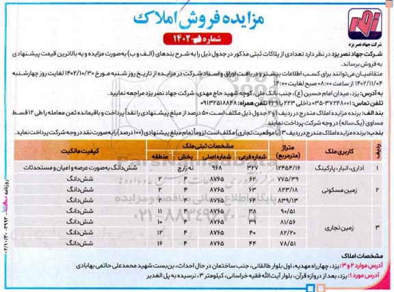 مزایده فروش املاک
