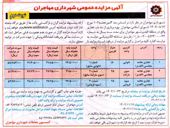 مزایده بهره برداری از سه باب تجاری نوبت دوم