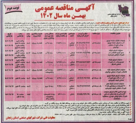 مناقصه عملیات تفکیک شبکه توزیع آب و اجرای شبکه توزیع پساب .... نوبت دوم 