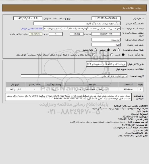 استعلام رفع اشکال از کابلهای ترانسفورماتور t13