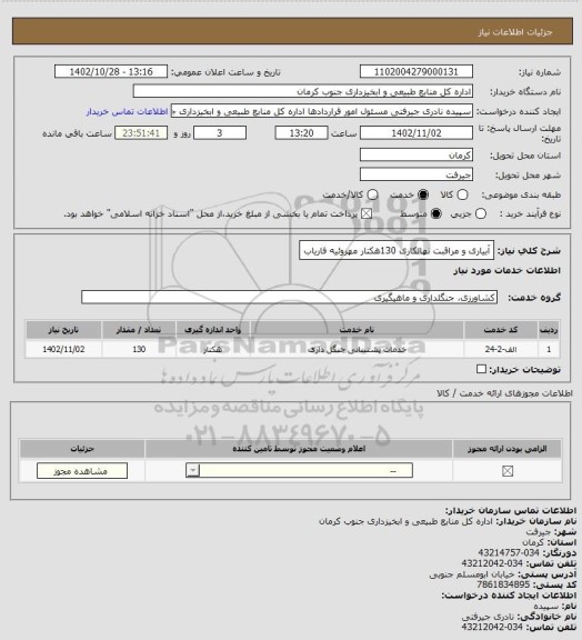 استعلام آبیاری و مراقبت نهالکاری 130هکتار مهروئیه فاریاب