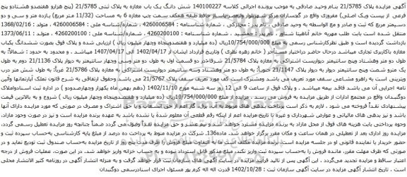آگهی مزایده شش دانگ یک باب مغازه به پلاک ثبتی 21/5785 (پنج هزارو هفتصدو هشتادو پنج فرعی از بیست ویک اصلی